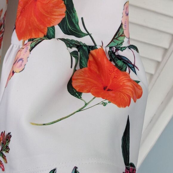 ASOS DESIGN Dress Women's sz 8 Floral Orange Pink Shift Bell Sleeves Zip Stretch - Picture 7 of 10